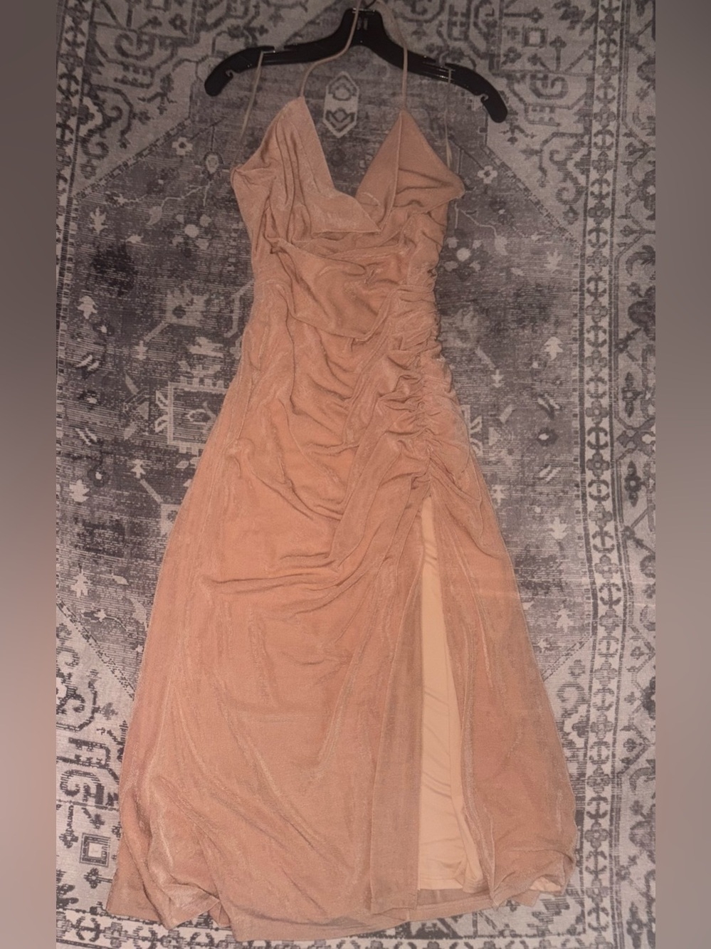 Elegant Ruched Spaghetti-Strap Prom Dress in Nude